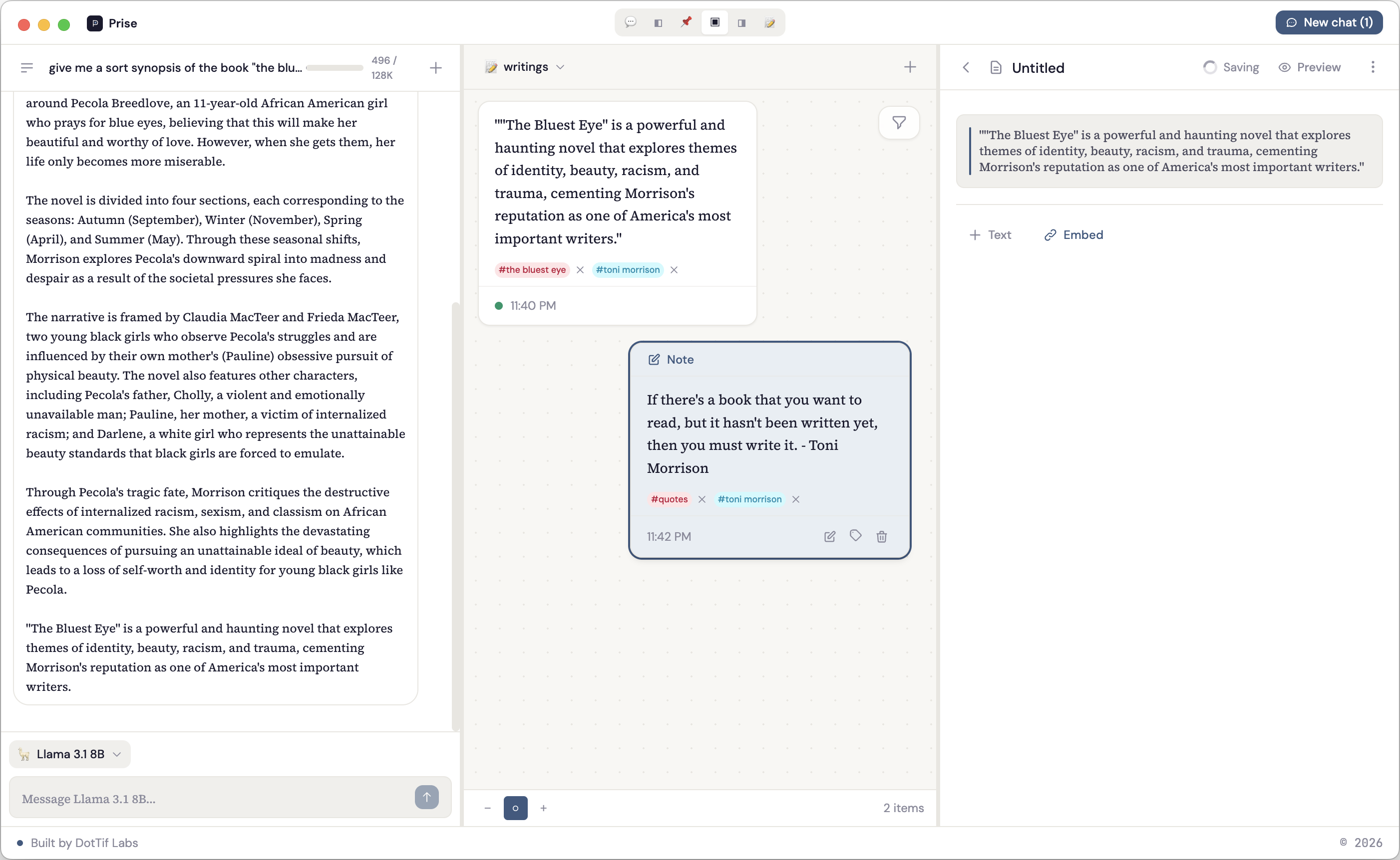 Prise app interface showing chat, stash canvas, and draft editor